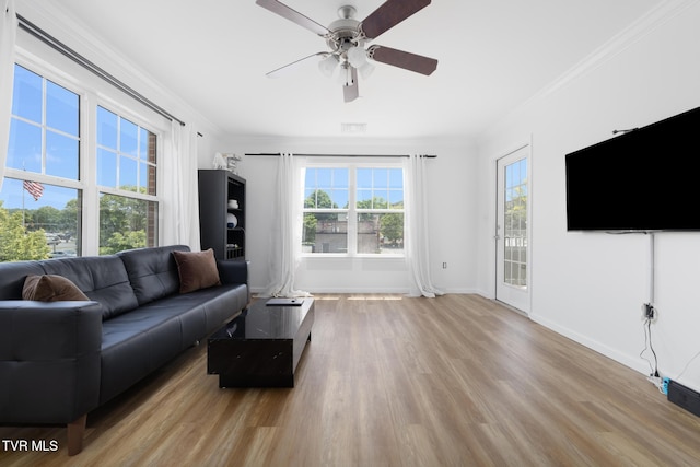 2008 Millennium Pl Unit 201, Johnson City, TN 37604 - living room featuring ornamental molding, wood finished floors, a ceiling fan, and baseboards
