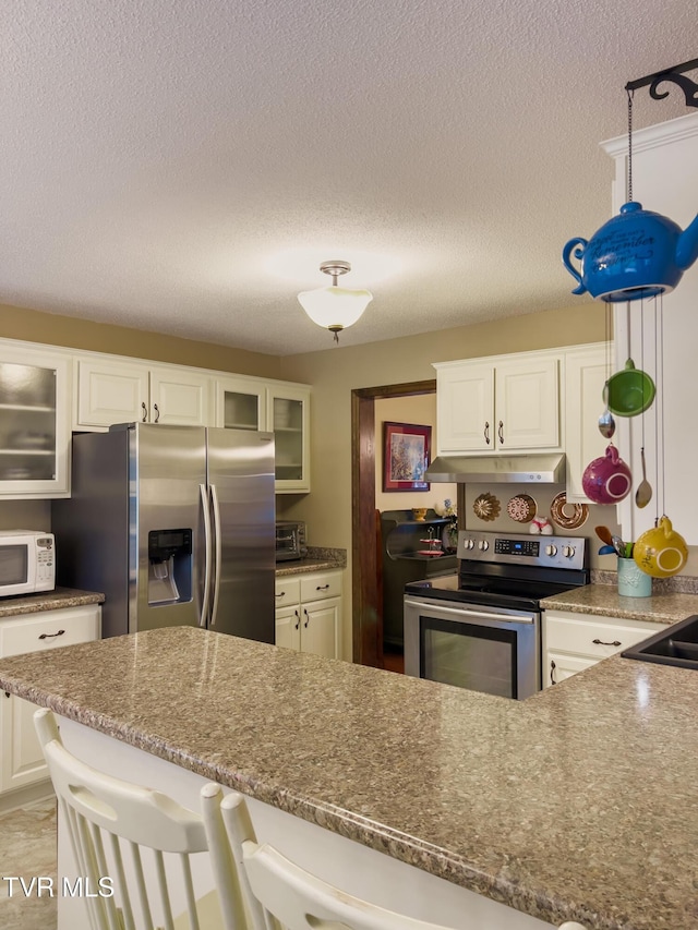 519 Foxgate Dr, Erwin, TN 37650 - kitchen featuring stainless steel appliances, under cabinet range hood, white cabinets, glass insert cabinets, and a textured ceiling
