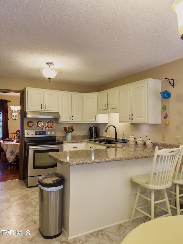 519 Foxgate Dr, Erwin, TN 37650 - kitchen with stainless steel range with electric stovetop, a sink, a peninsula, under cabinet range hood, and white cabinetry