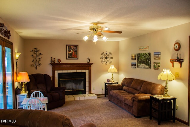 519 Foxgate Dr, Erwin, TN 37650 - living room with carpet, a ceiling fan, a fireplace, and baseboards