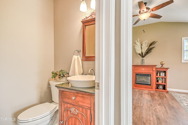 145 Elm Heights St, Johnson City, TN 37615 - bathroom with a ceiling fan, wood finished floors, vanity, toilet, and lofted ceiling