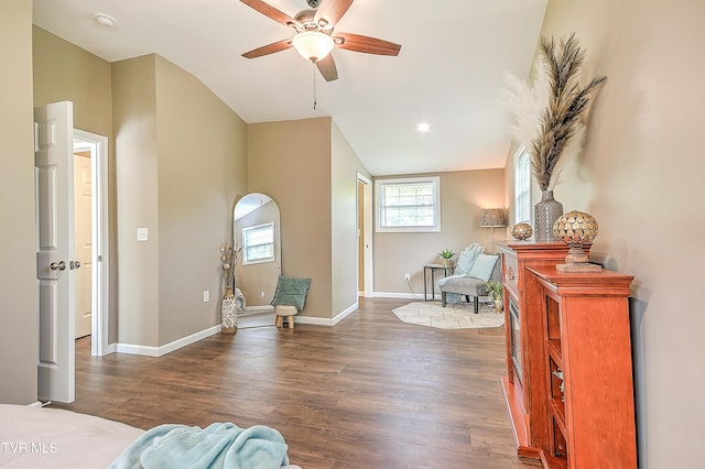 145 Elm Heights St, Johnson City, TN 37615 - sitting room featuring a ceiling fan, dark wood-style flooring, baseboards, and lofted ceiling