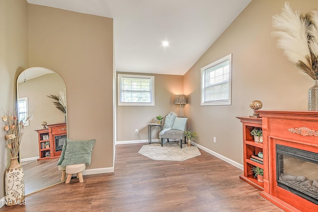 145 Elm Heights St, Johnson City, TN 37615 - living area with a glass covered fireplace, wood finished floors, vaulted ceiling, and baseboards