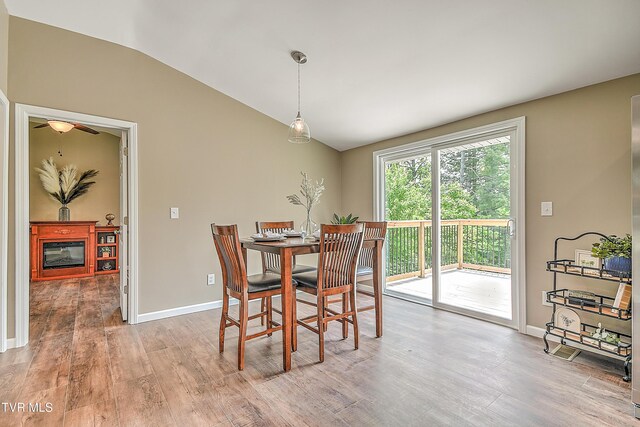 145 Elm Heights St, Johnson City, TN 37615 - dining space with lofted ceiling, light wood finished floors, baseboards, a glass covered fireplace, and a ceiling fan