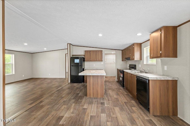 113 Hicks Dr, Johnson City, TN 37615 - kitchen with black appliances, a textured ceiling, lofted ceiling, dark wood finished floors, and light countertops
