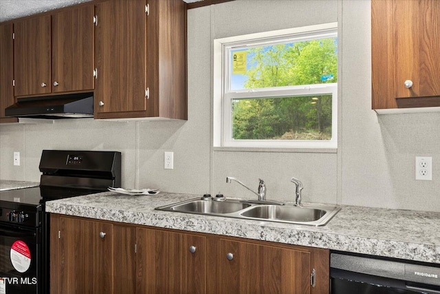 113 Hicks Dr, Johnson City, TN 37615 - kitchen with black electric range, under cabinet range hood, a sink, dishwashing machine, and light countertops