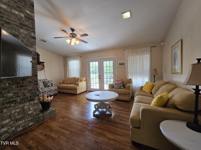 1382 Elijah Martin Rd, Whitesburg, TN 37891 - living area featuring wood finished floors, a ceiling fan, lofted ceiling, and french doors