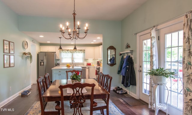 435 Sulpher Spring Rd, Chilhowie, VA 24319 - dining room featuring a chandelier, dark wood-type flooring, baseboards, and recessed lighting