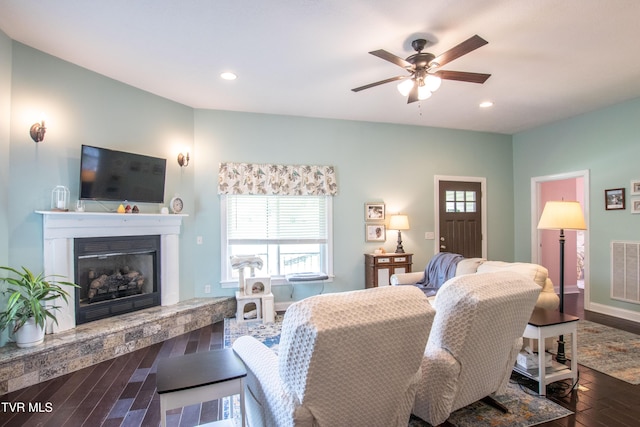 435 Sulpher Spring Rd, Chilhowie, VA 24319 - living room with wood finished floors, ceiling fan, recessed lighting, a glass covered fireplace, and baseboards