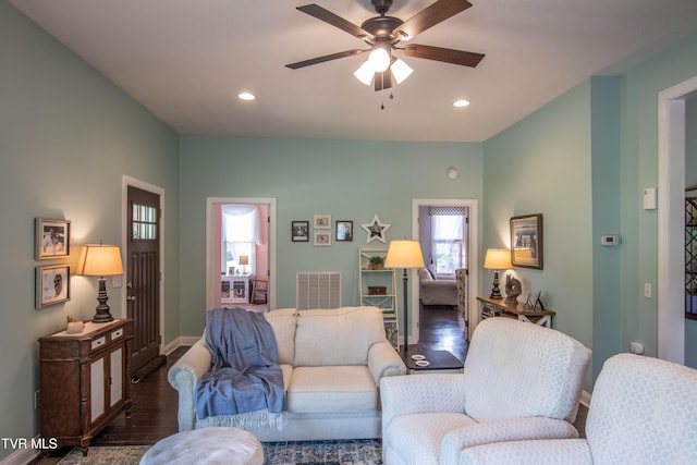 435 Sulpher Spring Rd, Chilhowie, VA 24319 - living room featuring wood finished floors, ceiling fan, recessed lighting, and baseboards