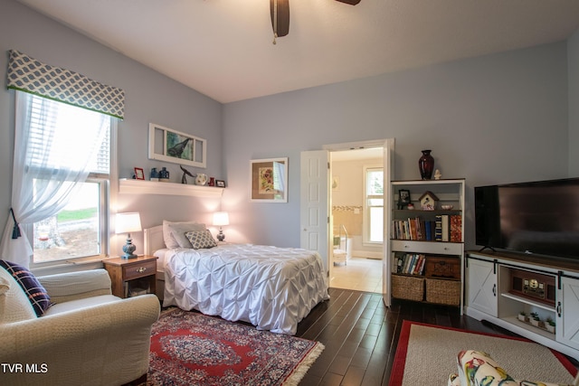 435 Sulpher Spring Rd, Chilhowie, VA 24319 - bedroom with dark wood-style flooring, ensuite bathroom, and ceiling fan