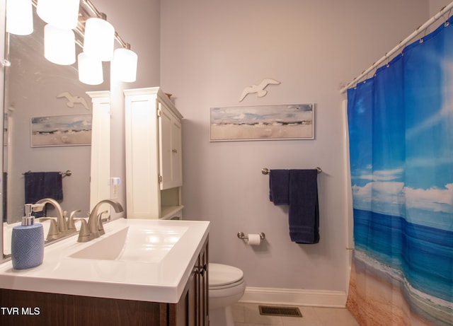 435 Sulpher Spring Rd, Chilhowie, VA 24319 - full bathroom with tile patterned floors, baseboards, a shower with shower curtain, toilet, and vanity