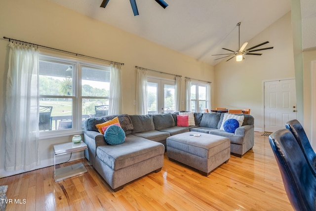 309 Crouch Rd, Gray, TN 37615 - living room featuring a ceiling fan, light wood-type flooring, high vaulted ceiling, and baseboards