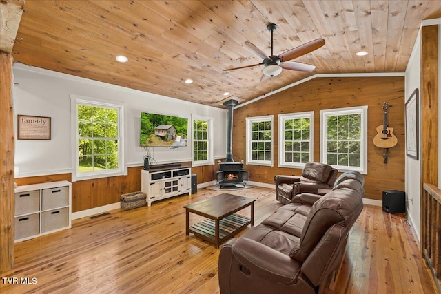 108 Chock Creek Rd, Johnson City, TN 37601 - living area with wooden walls, a wood stove, wood ceiling, hardwood / wood-style floors, and vaulted ceiling