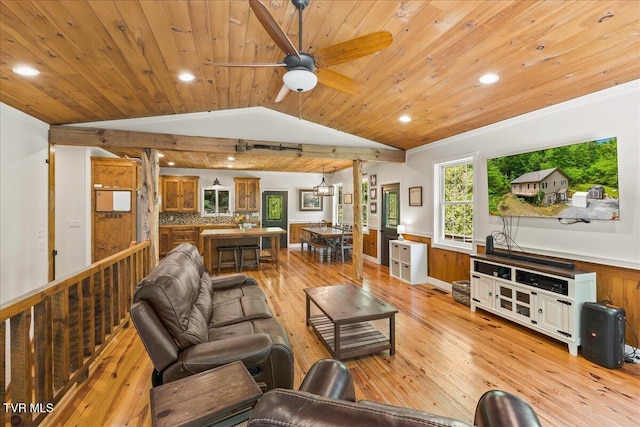 108 Chock Creek Rd, Johnson City, TN 37601 - living room with wooden ceiling, light wood-type flooring, lofted ceiling, a wainscoted wall, and recessed lighting