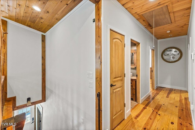 108 Chock Creek Rd, Johnson City, TN 37601 - hallway with attic access, wooden ceiling, light wood finished floors, crown molding, and baseboards