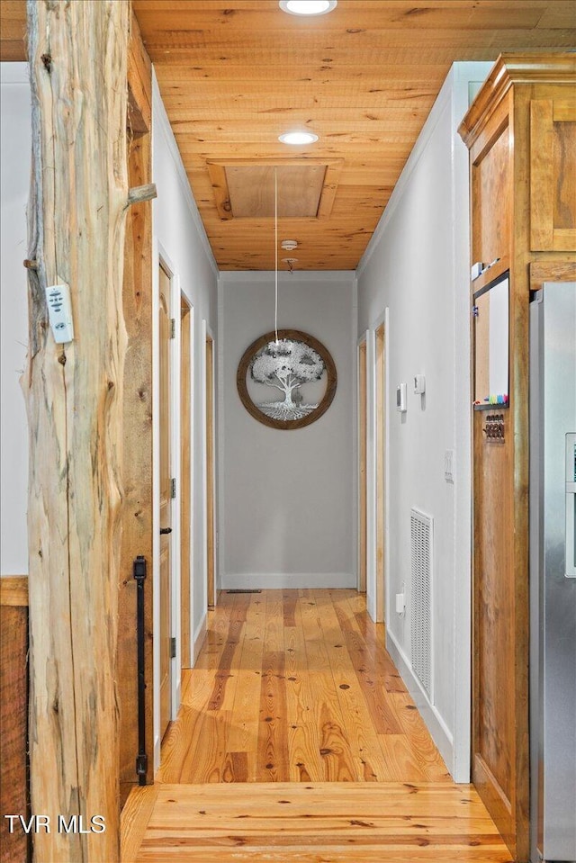 108 Chock Creek Rd, Johnson City, TN 37601 - hallway with attic access, wooden ceiling, light wood-style floors, ornamental molding, and baseboards