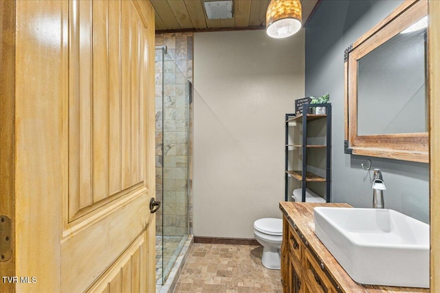 108 Chock Creek Rd, Johnson City, TN 37601 - bathroom with toilet, a stall shower, stone finish flooring, vanity, and baseboards