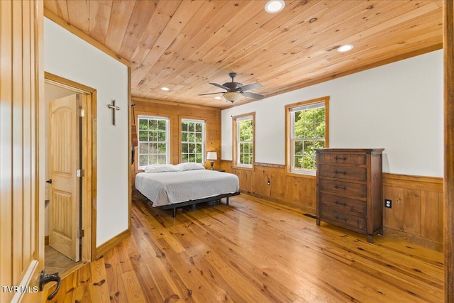 108 Chock Creek Rd, Johnson City, TN 37601 - bedroom featuring wainscoting, wood ceiling, light wood finished floors, wooden walls, and multiple windows