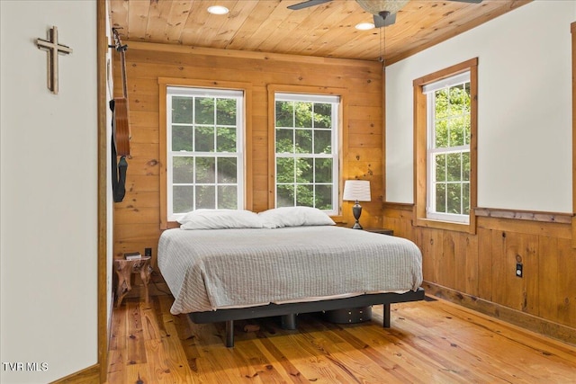 108 Chock Creek Rd, Johnson City, TN 37601 - bedroom with wooden walls, light wood-type flooring, wooden ceiling, a wainscoted wall, and recessed lighting