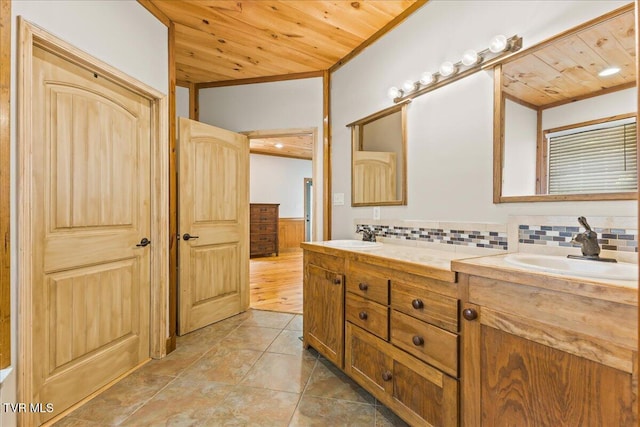 108 Chock Creek Rd, Johnson City, TN 37601 - full bathroom with wooden ceiling, double vanity, and tasteful backsplash