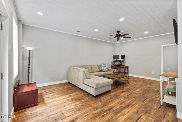 108 Chock Creek Rd, Johnson City, TN 37601 - living room featuring recessed lighting, ceiling fan, wood finished floors, wood ceiling, and baseboards