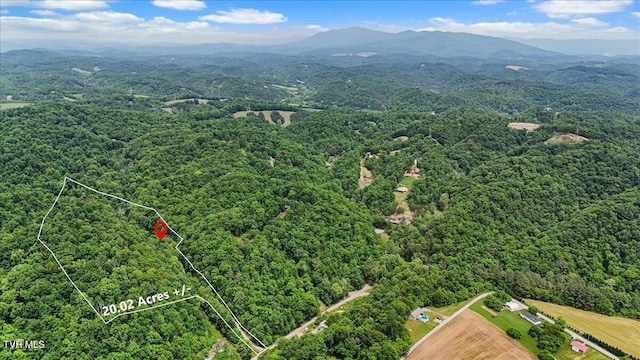108 Chock Creek Rd, Johnson City, TN 37601 - aerial view of property's location with a heavily wooded area, a mountainous background, and property parcel outlined