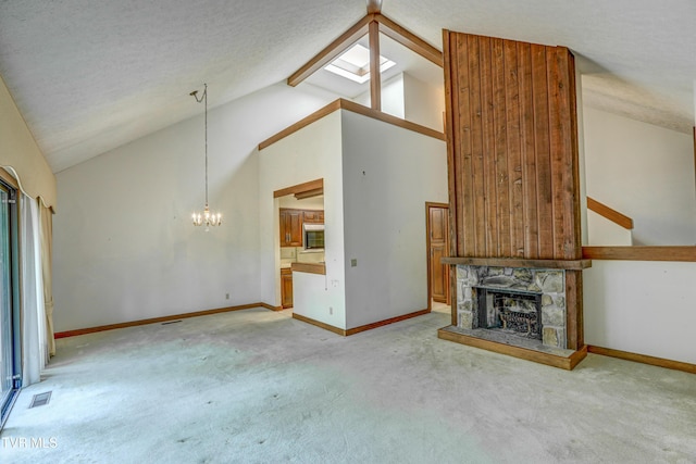 153 Columbine Rd, Kingsport, TN 37660 - unfurnished living room with carpet floors, a chandelier, a fireplace, baseboards, and high vaulted ceiling