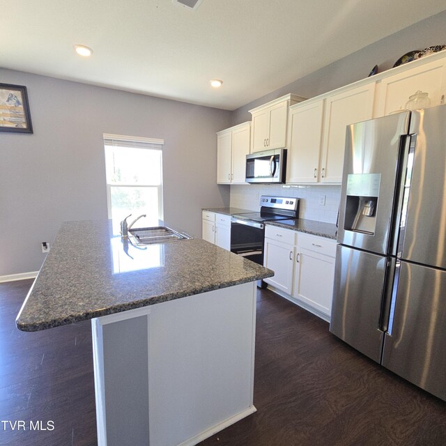 2358 Stream View Ln, Morristown, TN 37814 - kitchen with appliances with stainless steel finishes, a sink, white cabinets, dark wood-style flooring, and tasteful backsplash