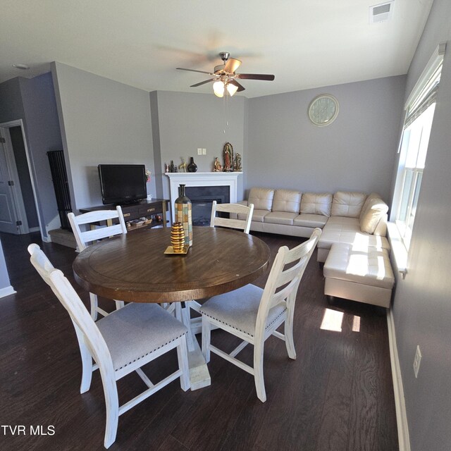 2358 Stream View Ln, Morristown, TN 37814 - dining room with a ceiling fan, wood finished floors, baseboards, and a fireplace