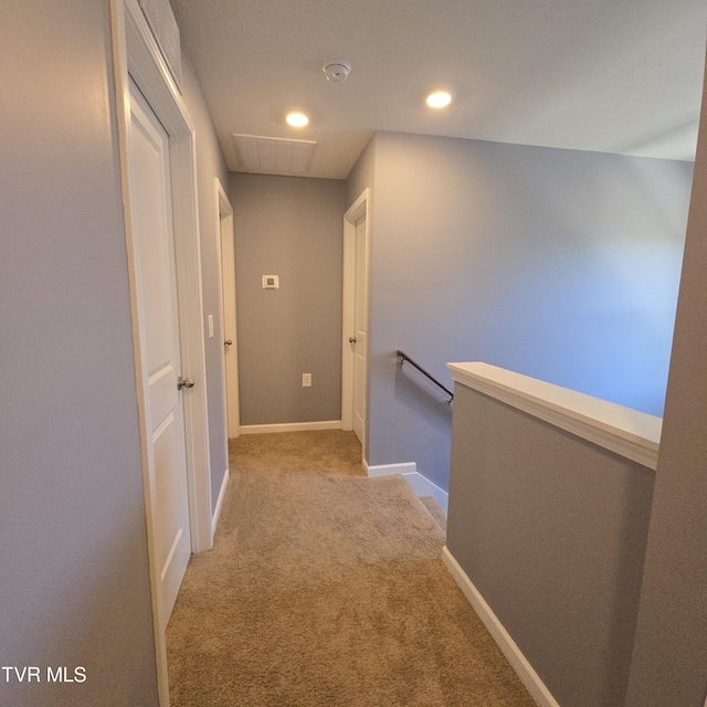 2358 Stream View Ln, Morristown, TN 37814 - hallway with an upstairs landing, carpet, baseboards, and recessed lighting