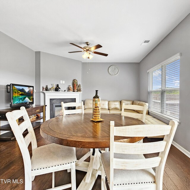 2358 Stream View Ln, Morristown, TN 37814 - dining room with ceiling fan, wood finished floors, baseboards, and a glass covered fireplace