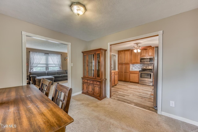 115 Dover Ln, Bristol, TN 37620 - dining space featuring a ceiling fan, light carpet, baseboards, and a textured ceiling