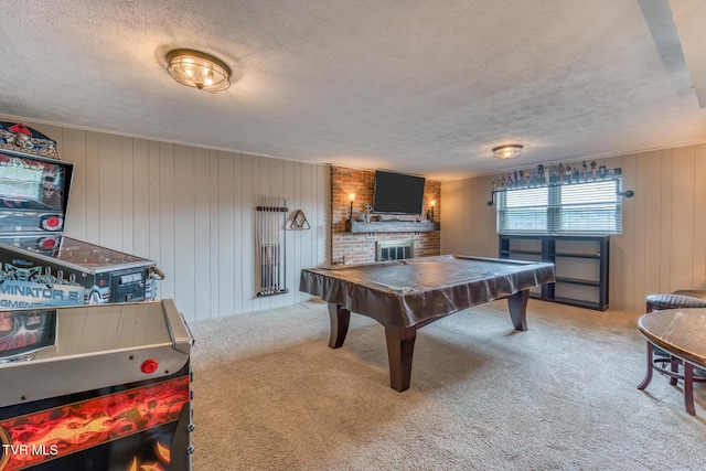 115 Dover Ln, Bristol, TN 37620 - playroom featuring billiards table, a fireplace, a textured ceiling, carpet, and wood walls
