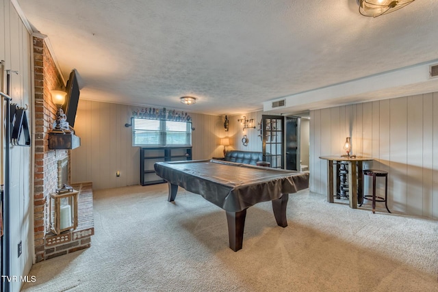115 Dover Ln, Bristol, TN 37620 - playroom featuring carpet floors, pool table, a textured ceiling, and wood walls
