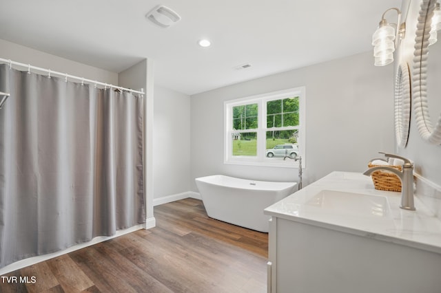 5541 Hester Ct, Piney Flats, TN 37686 - full bathroom featuring wood finished floors, recessed lighting, double vanity, a soaking tub, and baseboards