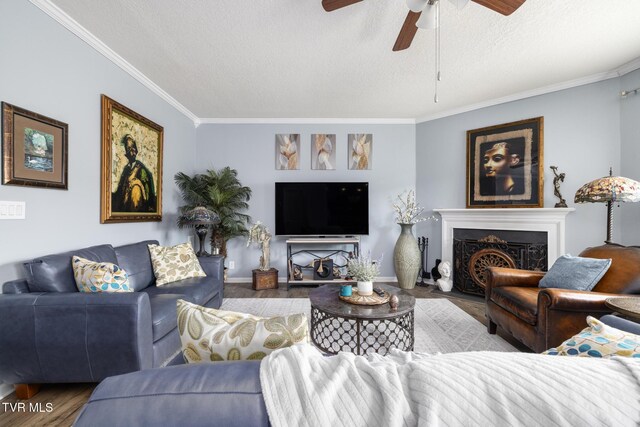 478 Brinkleys Way, Johnson City, TN 37615 - living area featuring wood finished floors, crown molding, ceiling fan, a textured ceiling, and a fireplace with flush hearth
