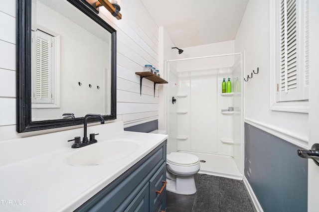 137 Highland Rd, Jonesborough, TN 37659 - full bathroom featuring walk in shower, toilet, vanity, and wooden walls