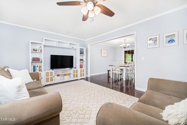 137 Highland Rd, Jonesborough, TN 37659 - living room with crown molding, dark wood-style flooring, baseboards, a chandelier, and ceiling fan