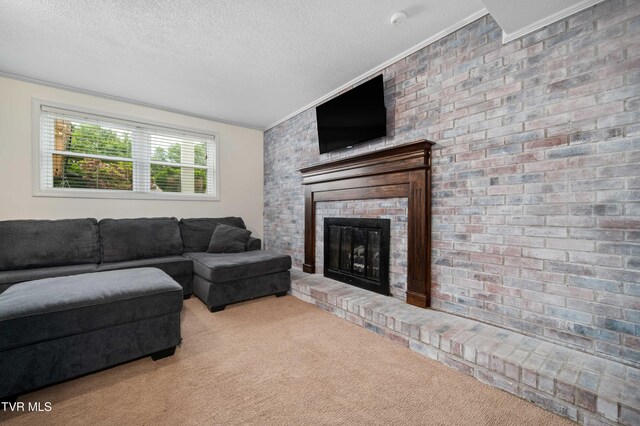 137 Highland Rd, Jonesborough, TN 37659 - living area with carpet, a textured ceiling, a brick fireplace, and crown molding