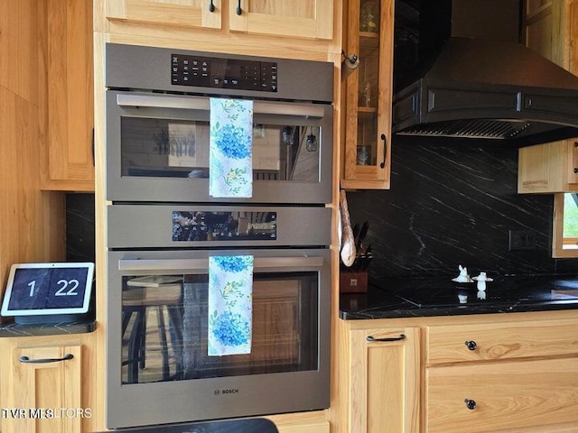 833 Duck Creek Rd, Sneedville, TN 37869 - kitchen with custom exhaust hood, glass insert cabinets, and double oven