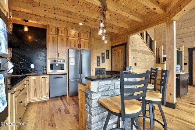 833 Duck Creek Rd, Sneedville, TN 37869 - kitchen with appliances with stainless steel finishes, light wood-style flooring, wood ceiling, dark countertops, and wooden walls