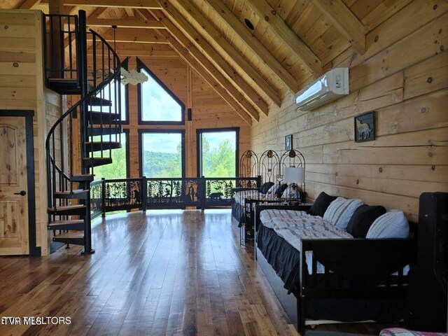 833 Duck Creek Rd, Sneedville, TN 37869 - living area featuring high vaulted ceiling, an AC wall unit, wood walls, wooden ceiling, and hardwood / wood-style flooring