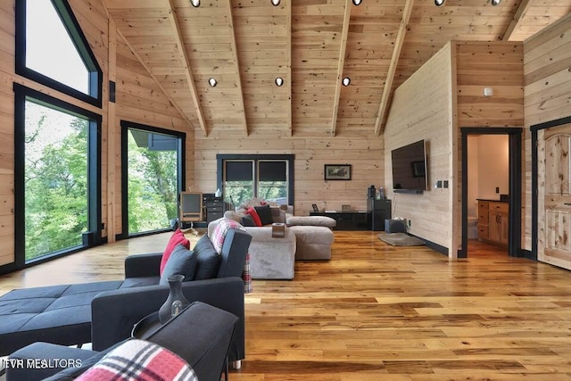 833 Duck Creek Rd, Sneedville, TN 37869 - living room featuring wood ceiling, high vaulted ceiling, wood finished floors, and wooden walls