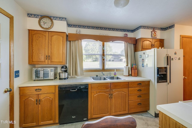 253 Fairford Ln, Blountville, TN 37617 - kitchen featuring black dishwasher, a sink, white refrigerator with ice dispenser, brown cabinetry, and light countertops