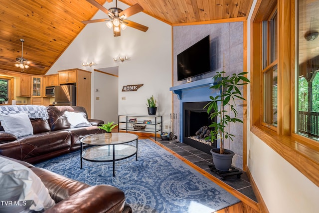 198 Gunbarrel Ln, Butler, TN 37640 - living area featuring ceiling fan, wood ceiling, a tile fireplace, high vaulted ceiling, and baseboards