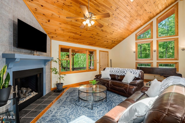198 Gunbarrel Ln, Butler, TN 37640 - living room featuring lofted ceiling, wood ceiling, ceiling fan, a fireplace, and baseboards