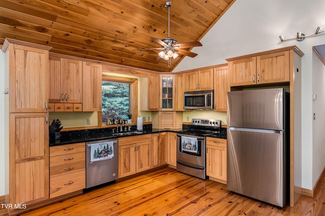 198 Gunbarrel Ln, Butler, TN 37640 - kitchen featuring appliances with stainless steel finishes, a sink, vaulted ceiling, ceiling fan, and light wood-style floors