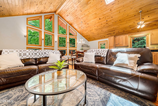 198 Gunbarrel Ln, Butler, TN 37640 - living area featuring wood ceiling, high vaulted ceiling, a chandelier, and ceiling fan
