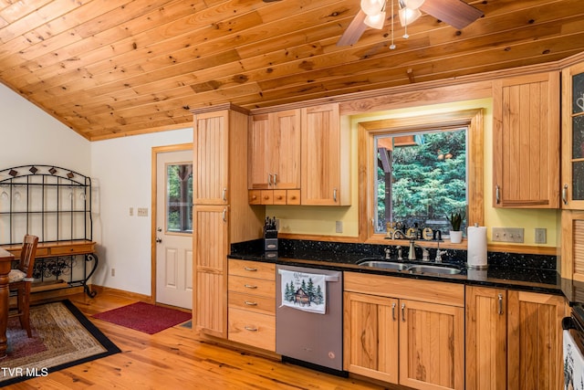 198 Gunbarrel Ln, Butler, TN 37640 - kitchen with stainless steel dishwasher, a sink, lofted ceiling, light wood-type flooring, and a ceiling fan
